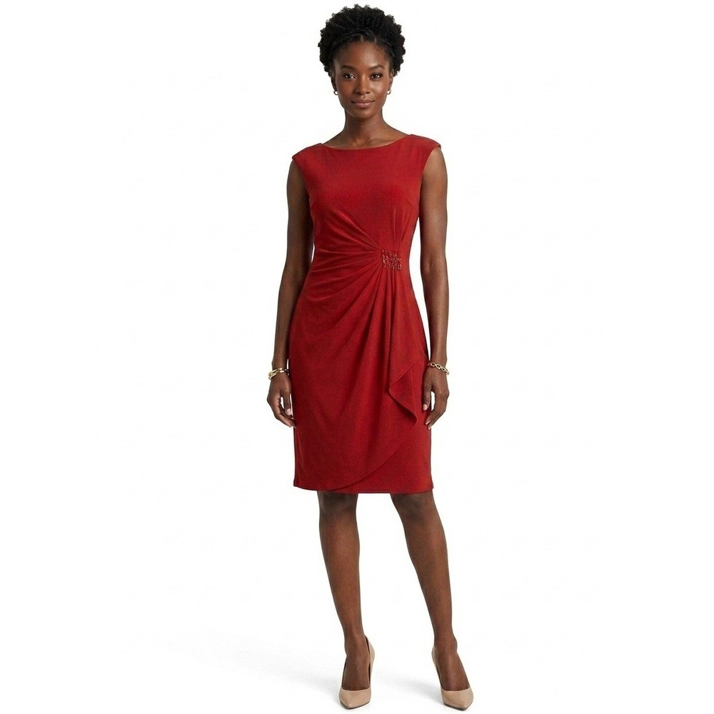 NWT Connected Apparel women's Red Solid Ruched Sheath Dress Beaded Accent Size 6